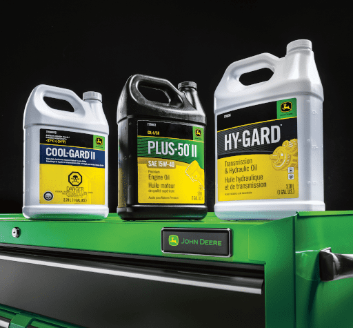 John Deere coolant and oil on a shelf