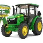 John Deere 5075E utility tractor studio image with badge