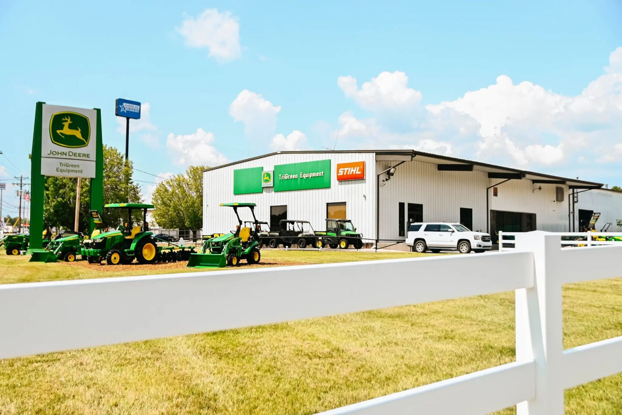 John Deere small tractors outside a John Deere dealership in Manchester, TN