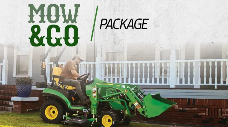 A John Deere tractor, loader, and mower tractor package graphic