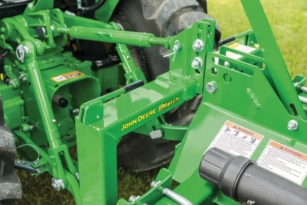 A close-up image of the tractor quick hitch