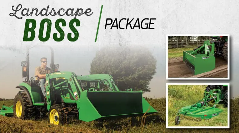 A John Deere tractor package graphic with loader, box blade and bush hog