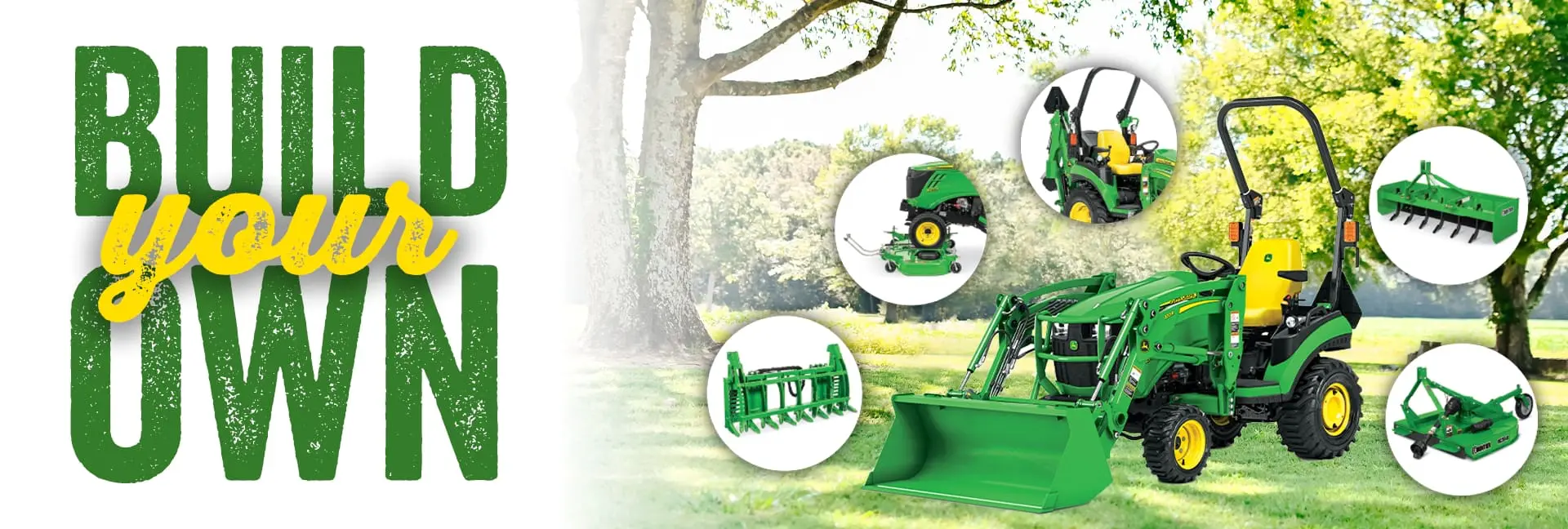 John Deere Compact tractor surrounded by various implements