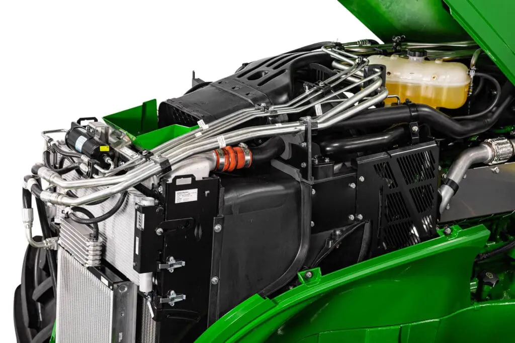 John Deere 7M tractor with hood opened