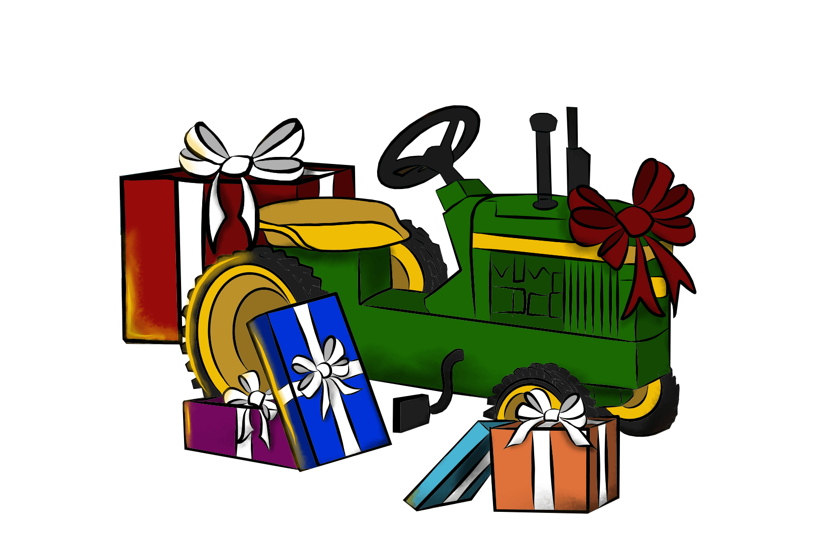 Tucker's pedal tractor with Christmas gifts all around it
