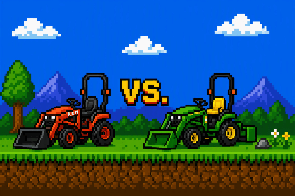 8-bit rendering of John Deere & Kioti Tractor in green, mountainous landscape and blue sky