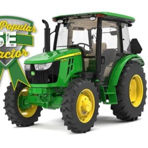 John Deere 5075E utility tractor studio image with badge