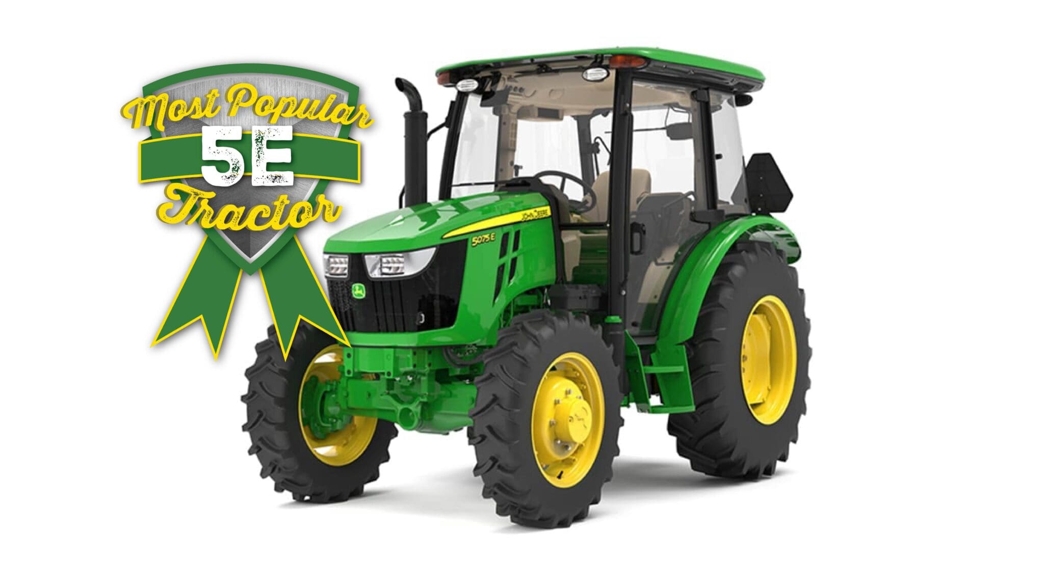 John Deere 5075E utility tractor studio image with badge