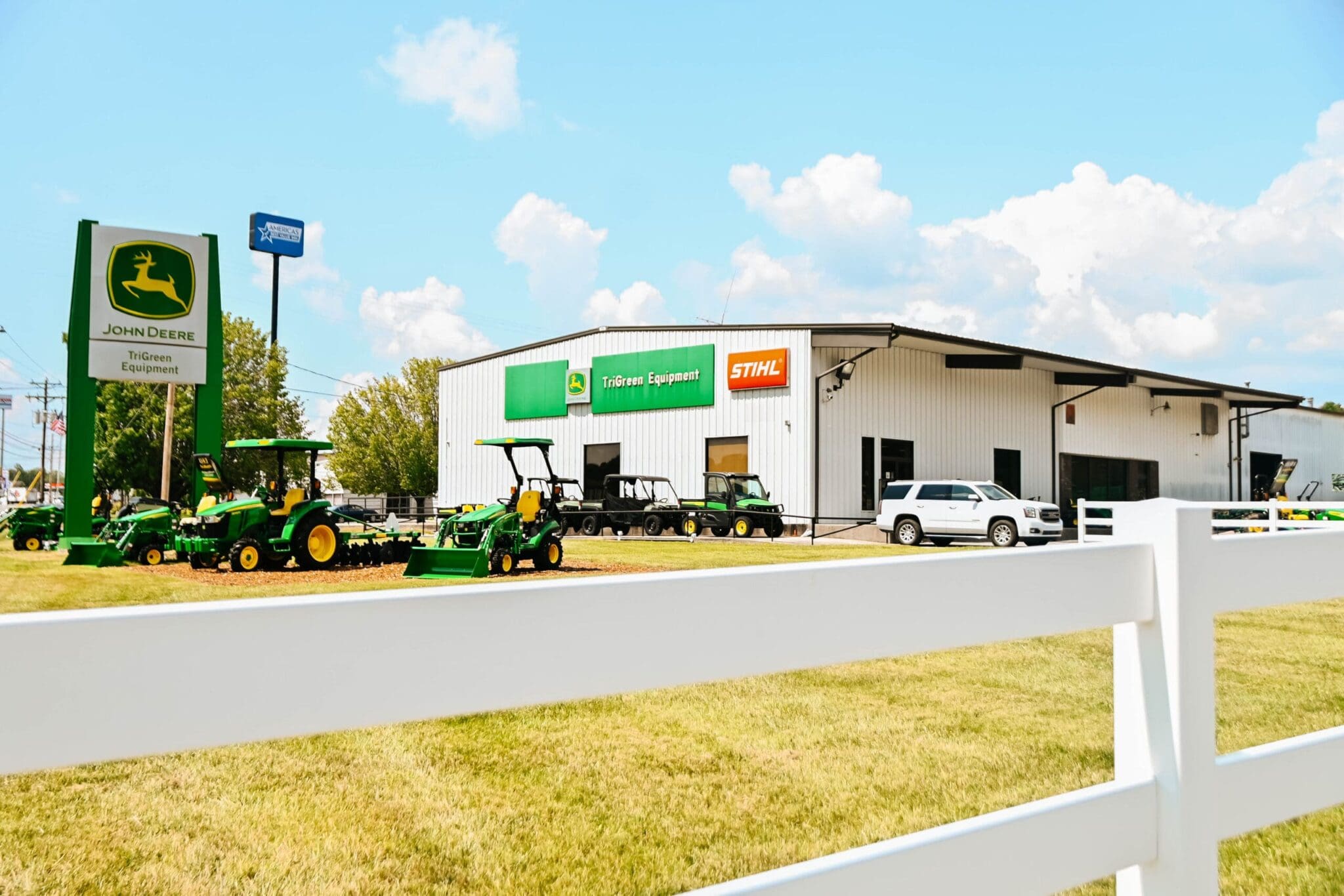 John Deere small tractors outside a John Deere dealership in Manchester, TN