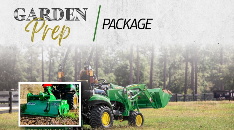 A tractor package graphic image with a John Deere tractor and tiller