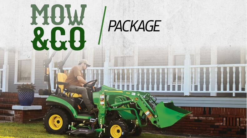A John Deere tractor, loader, and mower tractor package graphic