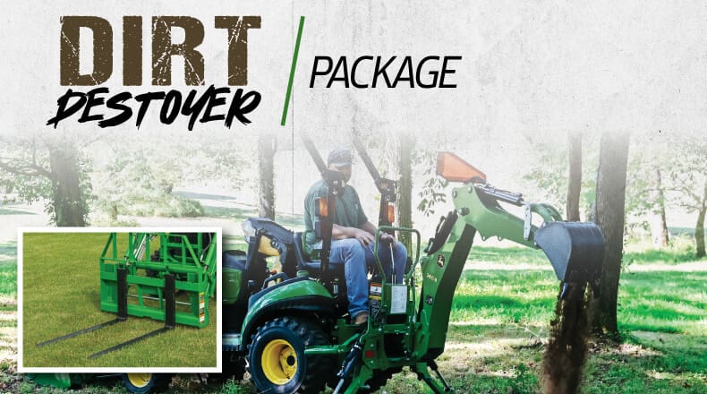 A John Deere tractor package graphic with backhoe and pallet forks