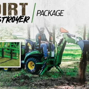 A John Deere tractor package graphic with backhoe and pallet forks