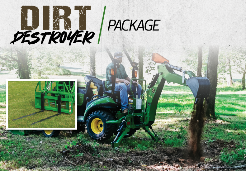 A John Deere tractor package graphic with backhoe and pallet forks