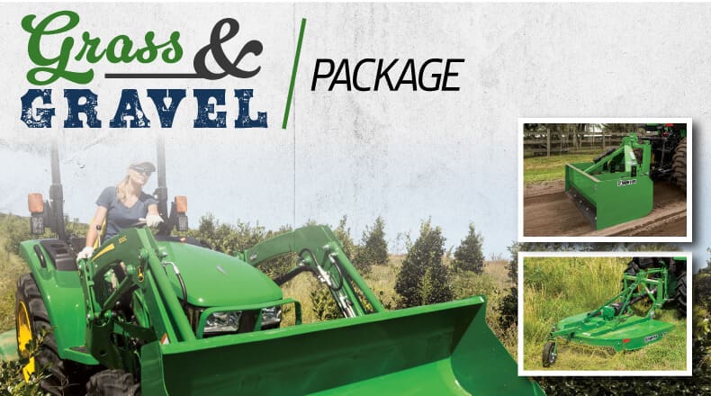 A John Deere tractor package graphic with bush hog and tiller