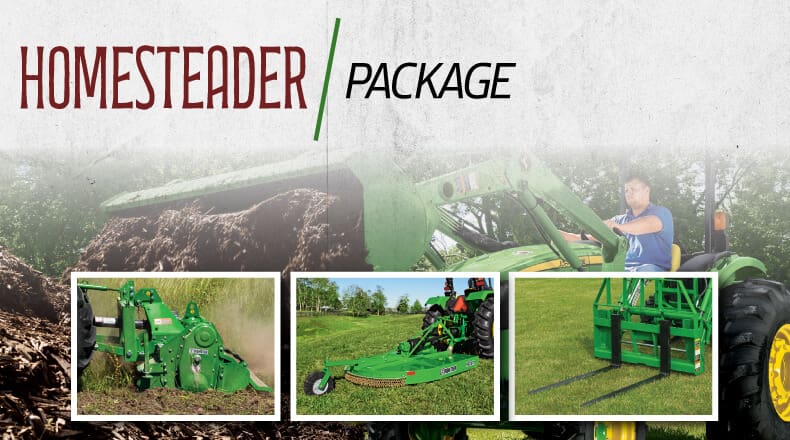 A John Deere tractor package graphic with many implements