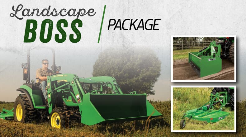 A John Deere tractor package graphic with loader, box blade and bush hog