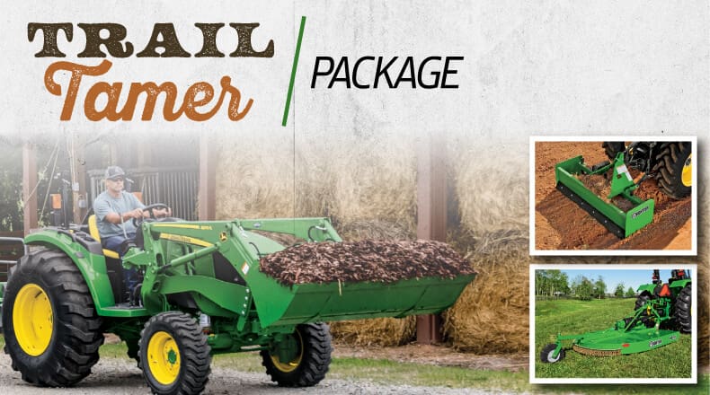A John Deere tractor package graphic with 4M tractor and implements
