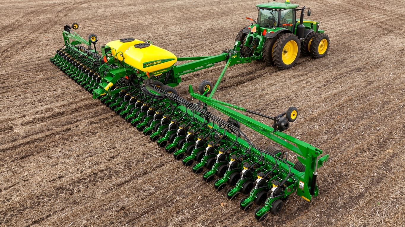 John Deere row crop tractor pulling John Deere planter