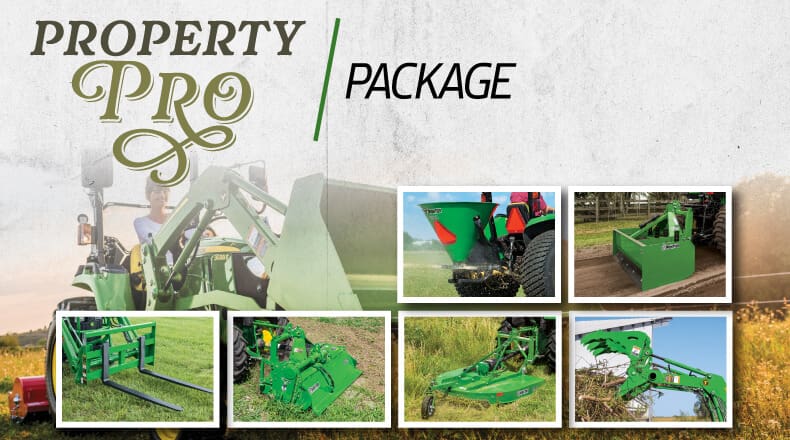 A John Deere tractor package graphic with lots of implements