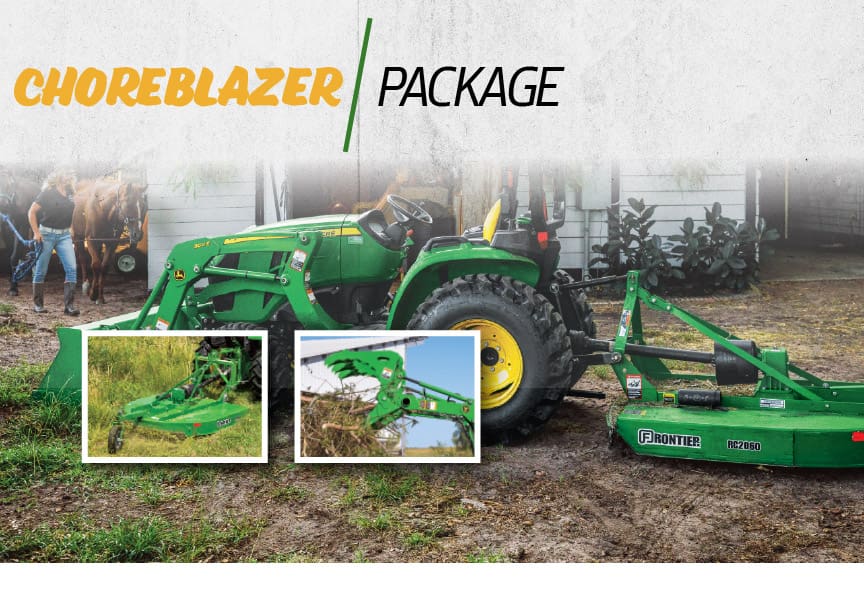 John Deere 3025E with implements outlined in foreground.