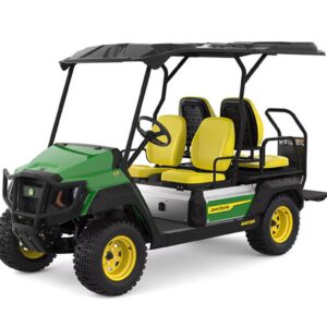 Green John Deere GX Crew Electric UTV facing left and front